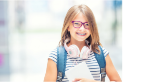little girl with braces and backpack