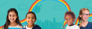 kids smiling on blue background with rainbow