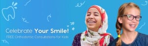 kids with braces smiling on blue background celebrate your smile