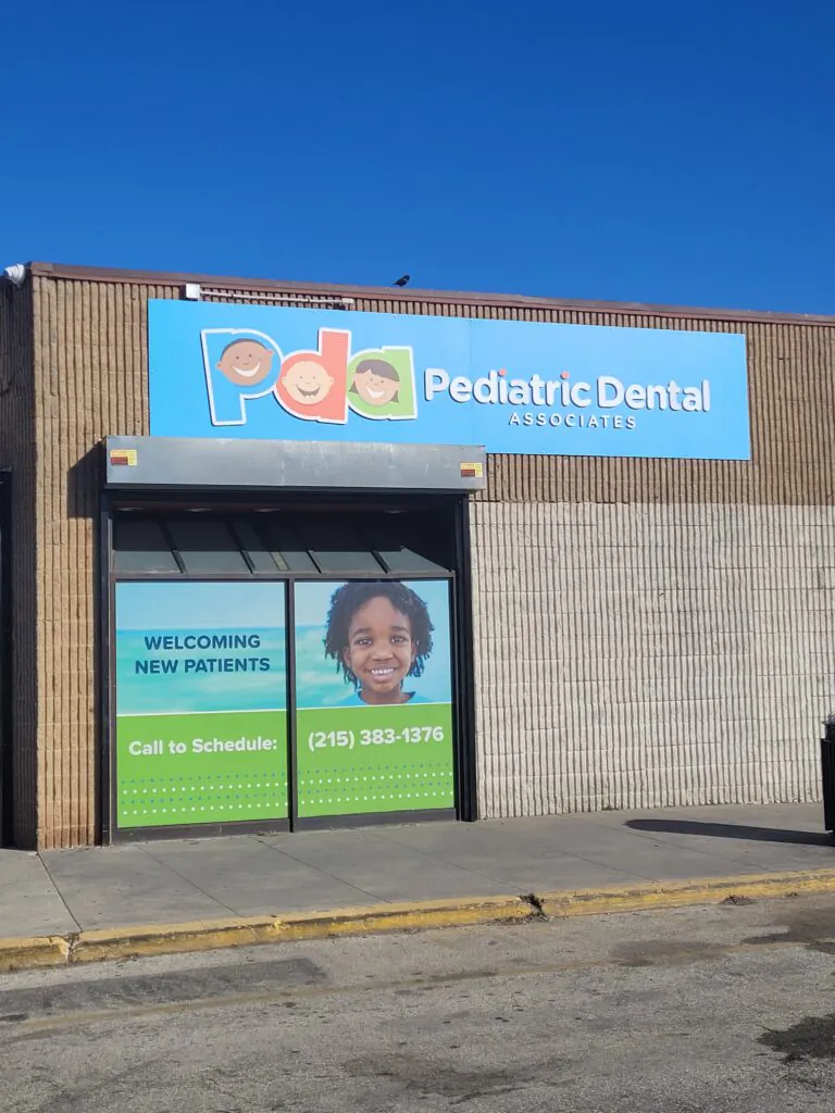 Exterior signage at Pediatric Dental Associates West Philadelphia welcoming new patients